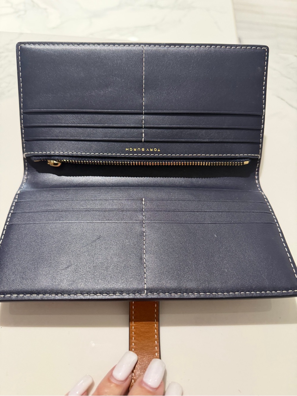 Tory Burch Navy Logo Canvas Continental Wallet with Brown Strap - Picture 6 of 6